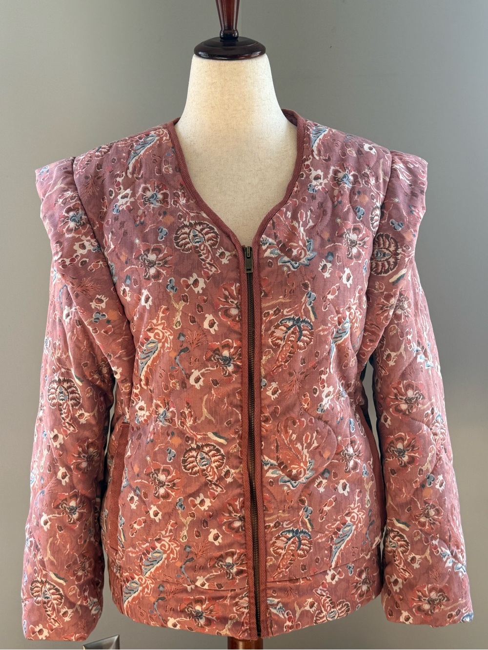 Quilted Floral Zip-Front Jacket - Dusty Rose